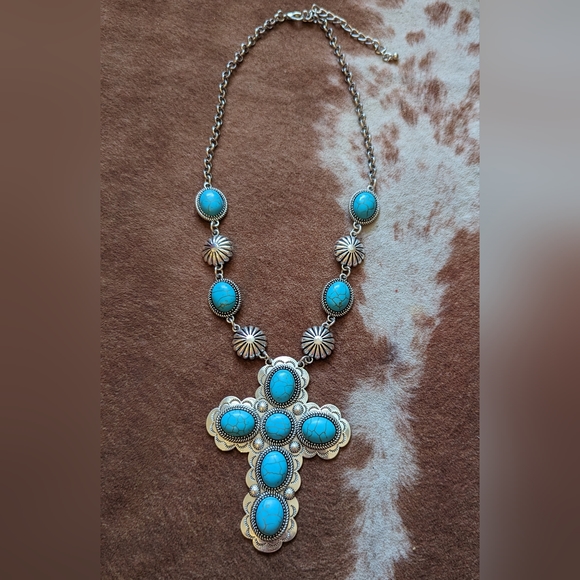 New Imitation Blue Turquoise Stone Cross Pendant Necklace - Picture 2 of 8